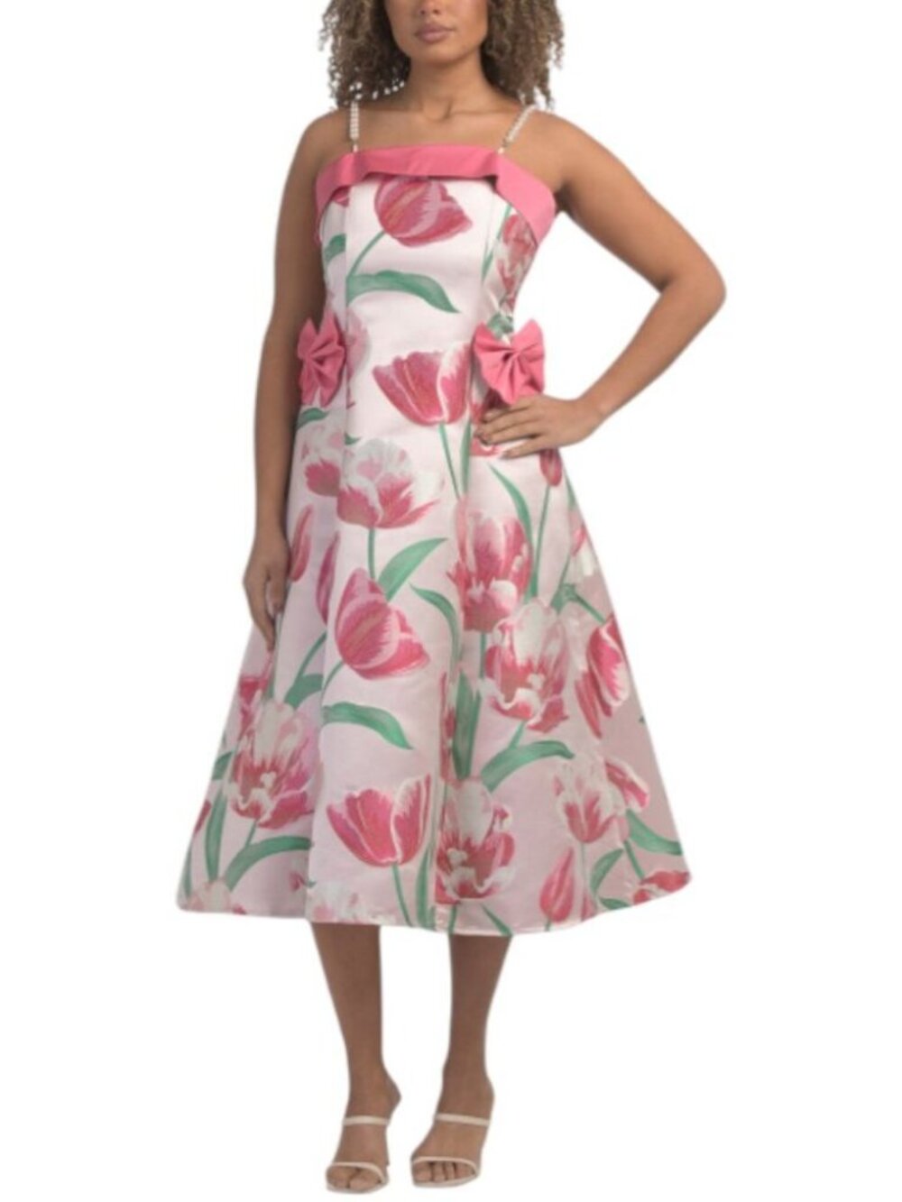 Dalia Macphee pink Mikado tulip pearl Jacquard cocktail tea length dress size L